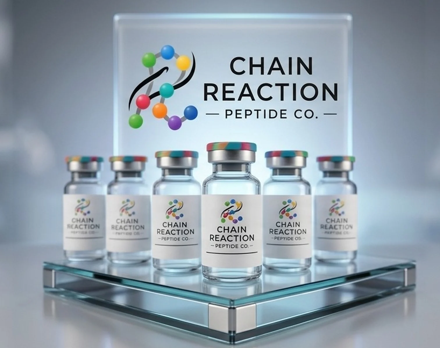 Chain Reaction Peptide Co. vials of lyophilized reference standard arranged on a glass stand, with the company lockup on a glass panel behind them.